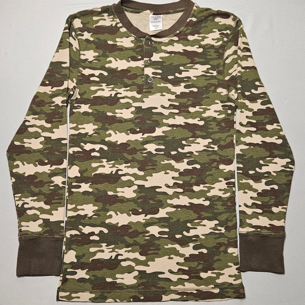 Joe Boxer Henley Shirt Mens Medium Green Camo Waffle Knit Thermal Long Sleeve
